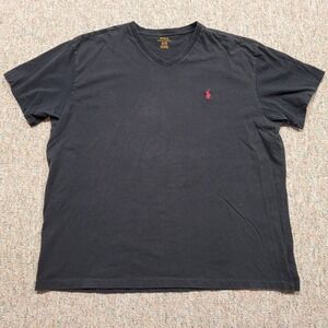 Polo Ralph Lauren Shirt Mens XL Black VNeck Pullover Red Pony Rugby Tee Cotton